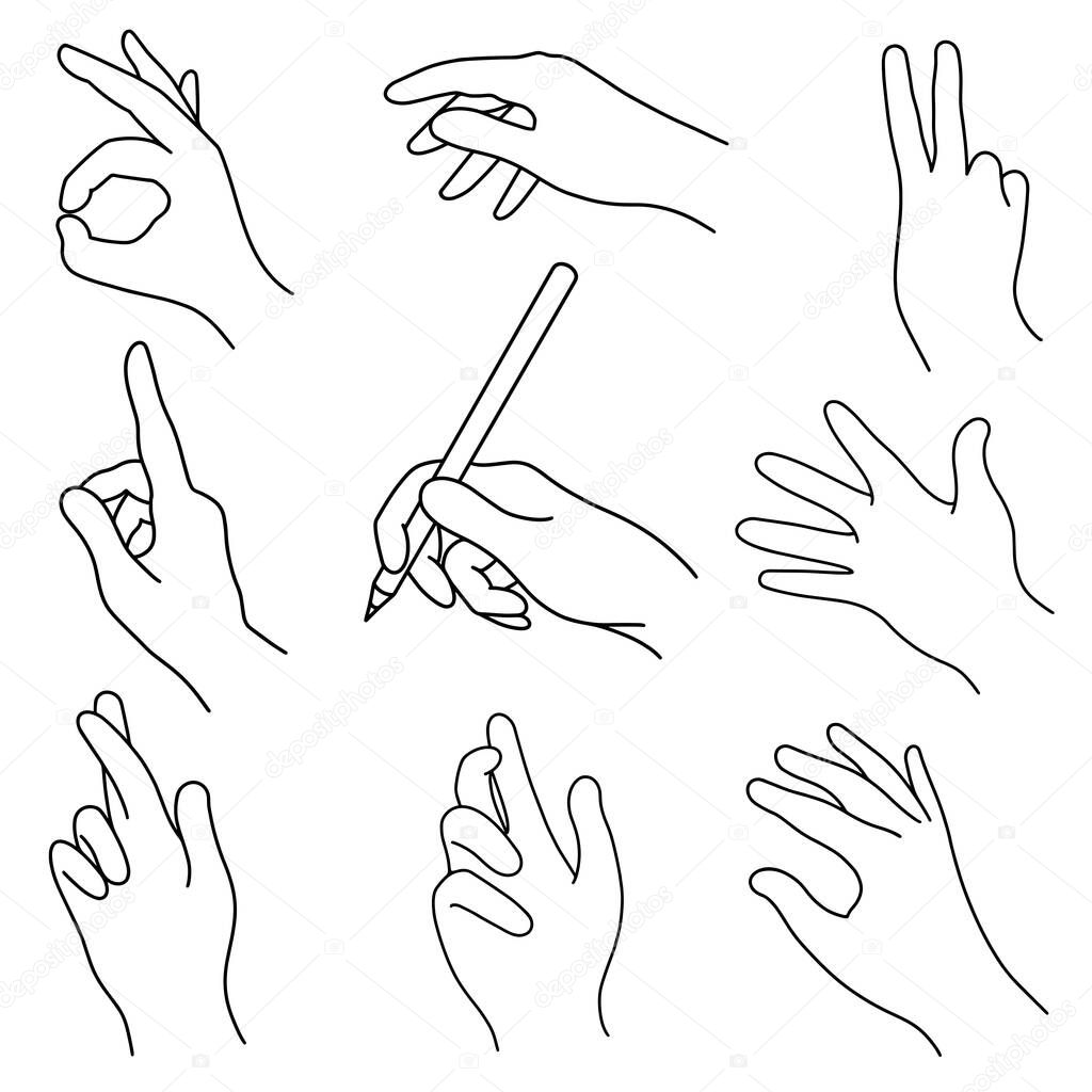 Right human hands vector icons set. Hand drawn illustration isolated on white backdrop. Collection of gestures - draw, greeting, win, ok, hope, touch. Clipart for decoration, web design, app, cosmetics