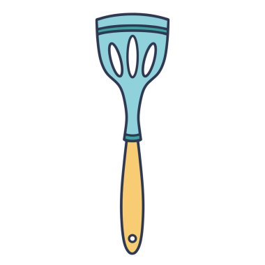 Delik vektör ikonlu mutfak silikon spatulası. El çizimi renk çizimi beyaz arkaplanda izole edilmiş. Yemek pişirmek için çatal bıçak takımı çizimi. Dekorasyon, menü tasarımı, web için düz konsept