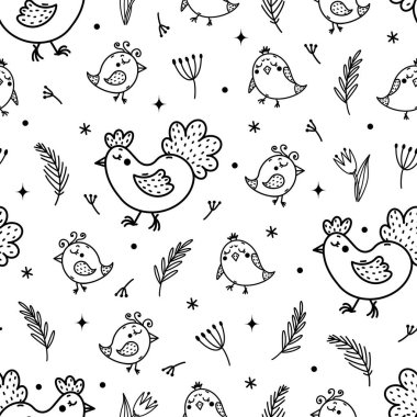 Paskalya sembollü kusursuz vektör deseni. Beyaz arka fonda el çizimi çizimi. Anne tavuk çiçeklerle dolu bir tarlada tavuklarla yürüyor. Dekorasyon, kart tasarımı, ambalaj, web için şablon