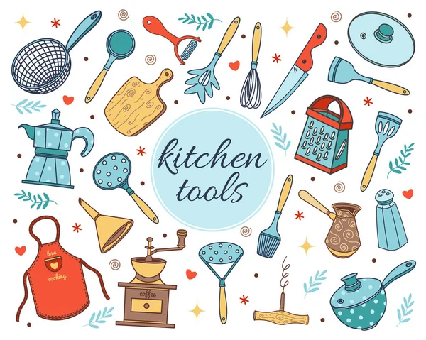 Herramientas Cocina Vector Iconos Conjunto Ilustración Dibujada Mano Aislada Sobre — Archivo Imágenes Vectoriales