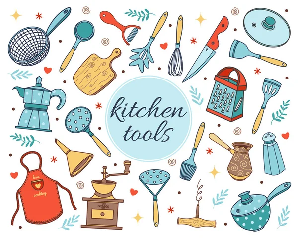Utensili Cucina Set Icone Vettoriali Illustrazione Disegnata Mano Isolata Sfondo — Vettoriale Stock