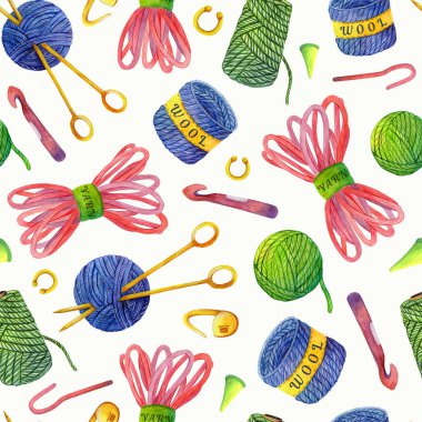 Knitting and crochet tools watercolor seamless pattern. Hand drawn illustration isolated on white backdrop. Accessories for needlework, hobby, - woolen yarn, ball of thread, hook, needles clipart