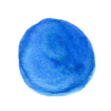 Mavi suluboya leke. Beyaz arkaplanda el çizimi bir illüstrasyon. Yuvarlak cyan damlası, parlak desenli fırça darbesi. Bir tutam boya, dekorasyon için güzel bir parça, kart tasarımı, ağ