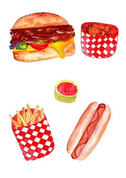 Americké Jídlo Burger Hranolky Kečup Hot Dog Kuřecí Křídla Akvarel — Stock fotografie