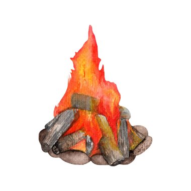 Şenlik ateşi suluboya el boyası. Turizm, tahta çubuklar, turizm. Suluboya el çizimleri..