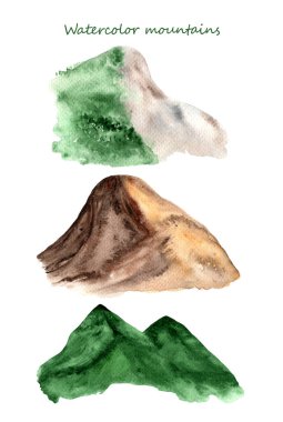 Suluboya üç kayalık dağ manzarası beyaz arka planda izole.