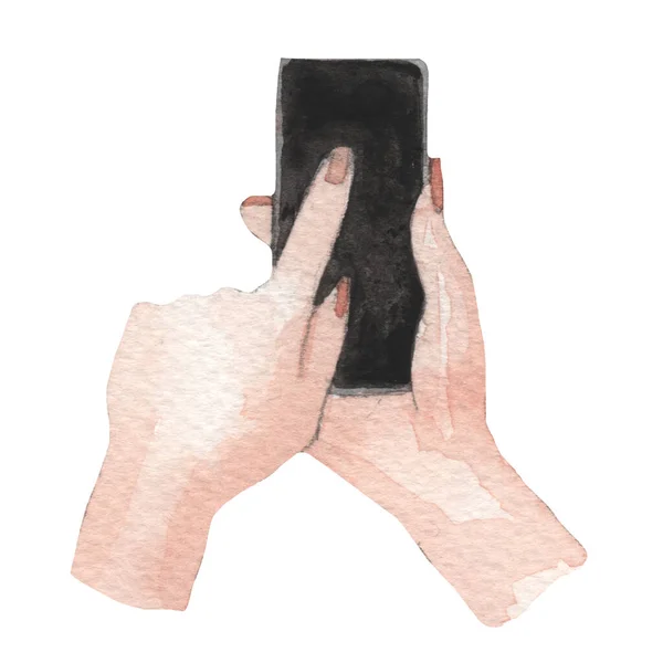 Akvarel Kreslení Smartphone Černou Obrazovkou Ruce Kolekce Akvarelů Vysokým Rozlišením — Stock fotografie