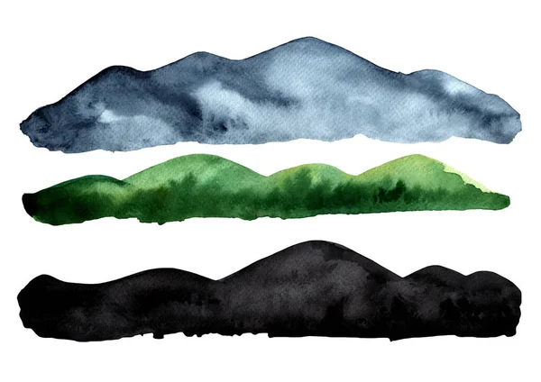 Watercolor Three Rocky Mountains Landscape Isolated White Background — Fotografia de Stock