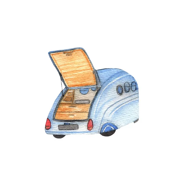 Blue Mobile Home Watercolor Hand Painted Illustration Isolated White Background – stockfoto
