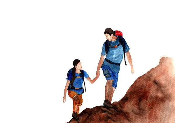 Kız Erkek Dağlara Birlikte Tırmanıyor Suluboya Elle Boyanmış Beyaz Arka — Stok fotoğraf