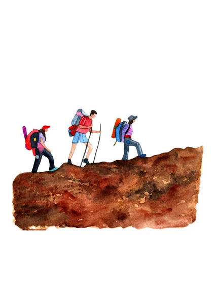 Group Rock Climbers Climbing Mountain Watercolor Hand Painted Isolated White — Foto Stock