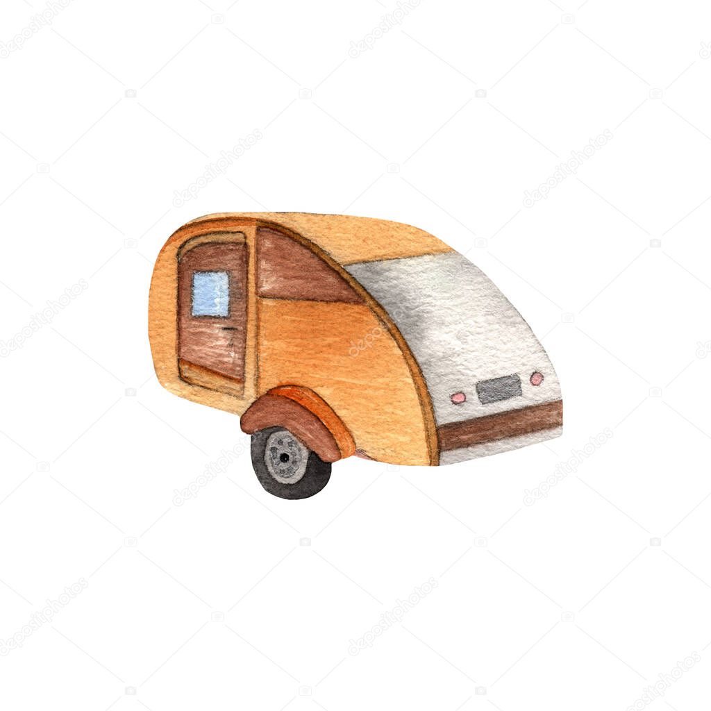 Eco mobile home,watercolor hand painted illustration isolated on white background.