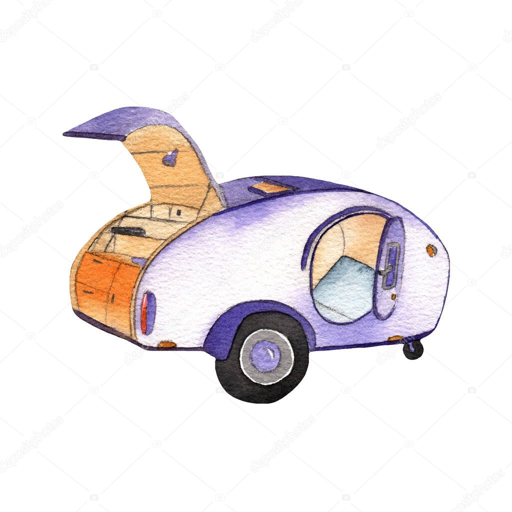 Lilac mobile home,watercolor hand painted illustration isolated on white background.