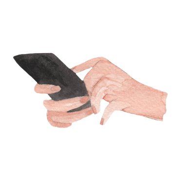 Suluboya, elinde siyah ekranla akıllı telefonu boyuyor. Yüksek çözünürlüklü suluboya koleksiyonu.