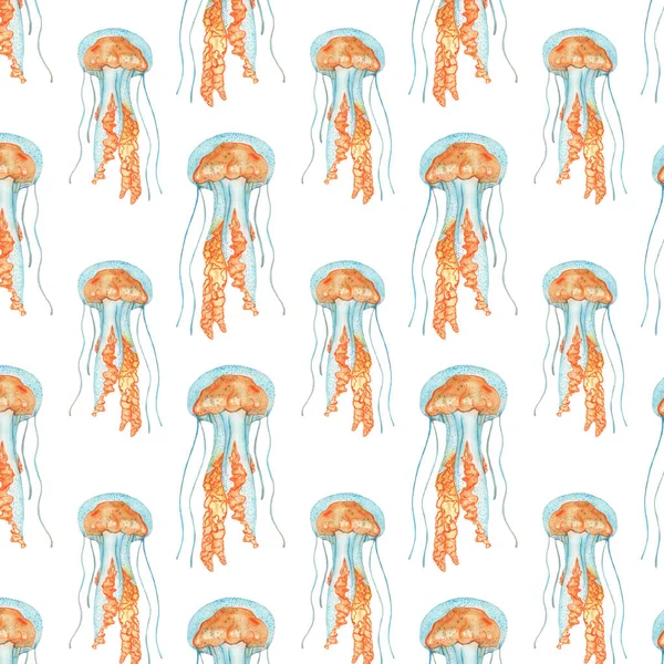 Jellyfish pattern.Watercolor llustration of orange and blue jellyfish on white background