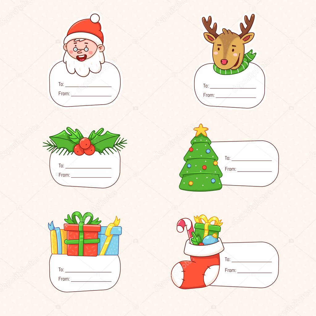 Christmas labels with winter holiday symbols: presents, pine tree, holly branches, festive sock, santa and deer. Gift tags for new year decoration