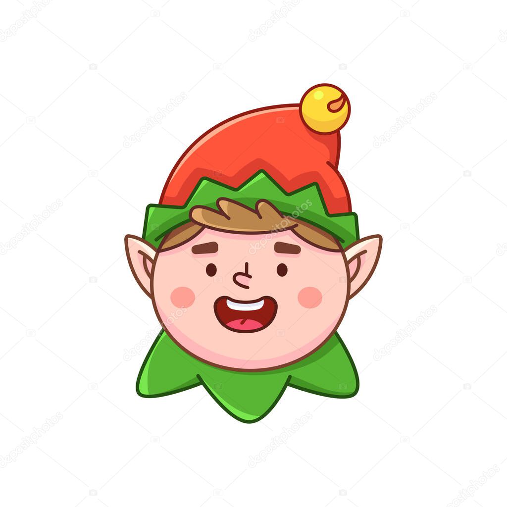 Portrait of laughing Christmas elf in cartoon style. Holiday clipart isolated on white background