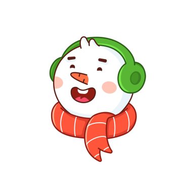 Sıcak eşarp ve kulaklık takan kardan adamın portresi. Beyaz arkaplanda izole edilmiş karikatür biçiminde tatil öbeği