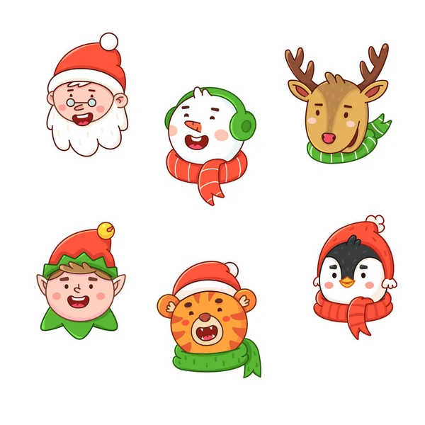 漫画スタイルのクリスマス文字の肖像画。おとぎ話のキャラクターや動物の頭。新年のシンボルです。白い背景に隔離された休日のクリップ — ストックベクタ