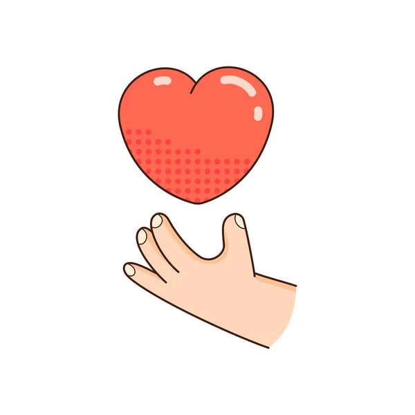 Το χέρι δείχνει κόκκινη καρδιά. Το κλιπ της ημέρας αγάπης. Εικονογράφηση για την αγάπη και την ελπίδα — Διανυσματικό Αρχείο