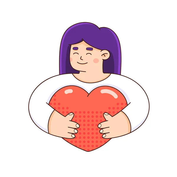 Chica abraza el corazón. Adhesivo del día. Forma de corazón. Día de San Valentín vector Ilustración Ilustración de stock