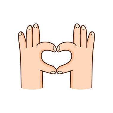 Elle kalp işareti. Aşk günü çıkartması. Kalp şeklinde. Sevgililer Günü vektör çizimi