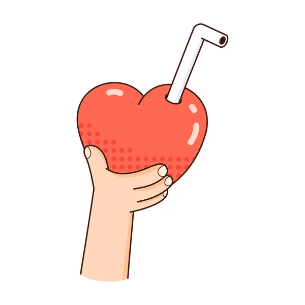 La mano sostiene el corazón rojo. Me encanta el cóctel con paja. Forma de corazón. Día de San Valentín vector Ilustración — Vector de stock