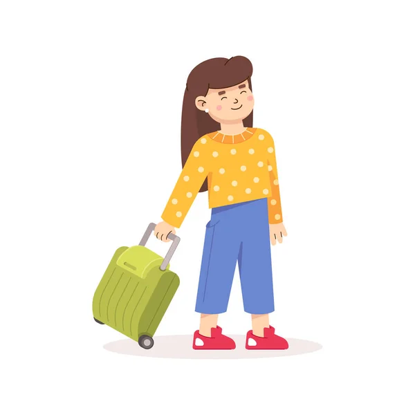 Mädchen mit einem Koffer. Kleiner Cartoon-Stil für Reisende. Mädchen geht und rollt Koffer hinter sich her lizenzfreie Stockillustrationen