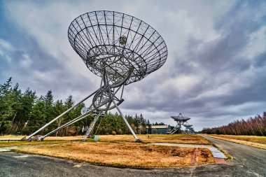 Dış uzay radyo teleskop dizisi, arka planda bir orman var.
