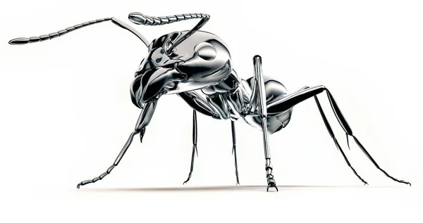 巨大な金属製のロボットアリが白い3Dイラストで隔離され — ストック写真