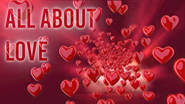 Kırmızı zemin üzerinde kırmızı kalp balonları, metin ile