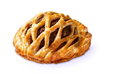 Sosisli börek, hamur işi aperatif, etle yalıtılmış, beyaz.