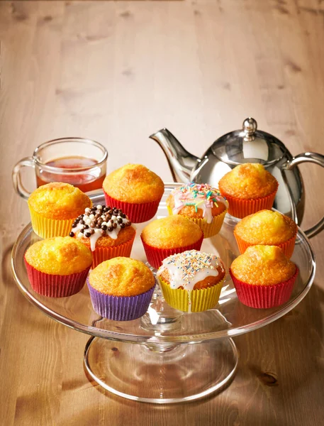 Yellow Muffins Sprinkles Tea — Stock Photo, Image