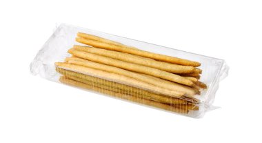 Plastik ambalajda lezzetli İtalyan ekmeği çubukları. beyaz üzerine izole