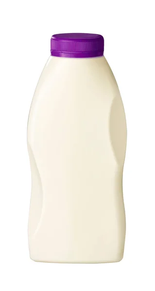 Garrafa Plástico Branco Com Tampa Roxa Isolada Branco — Fotografia de Stock