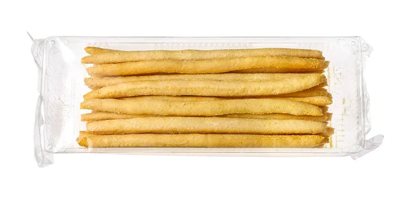 おいしいイタリアのパンはプラスチック包装に固執します 白に隔離され — ストック写真
