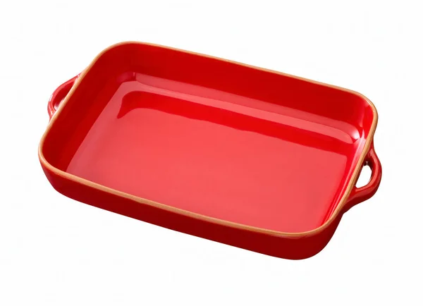 Plat Cuisson Céramique Émail Rouge Isolé Sur Blanc — Photo