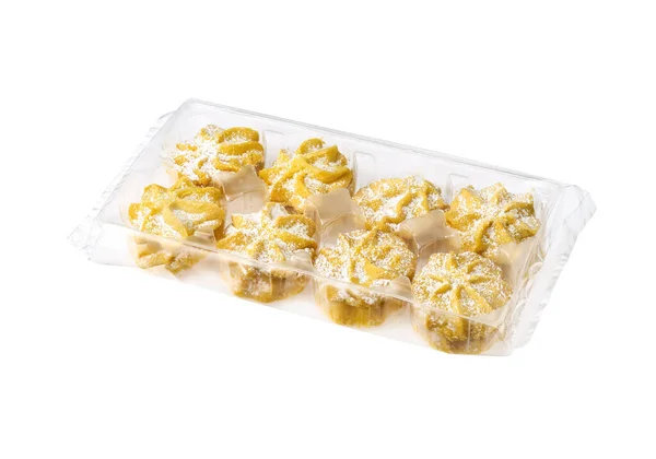 Biscoitos Chistmas Uma Bandeja Plástico Isolado Branco Com Caminho Recorte — Fotografia de Stock