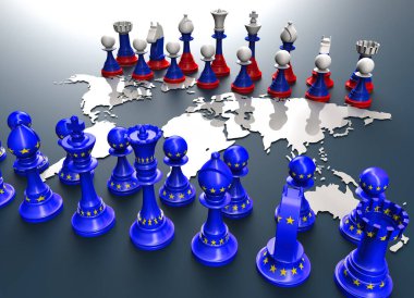 Dünyada satranç taşlarıyla savaşın ve jeopolitiğin sembolü. Rusya AB 'ye Karşı.