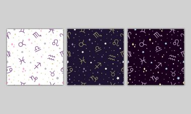 Zodiac işaretleri. Tekstil ve duvar kâğıtları için kusursuz beyaz ve koyu arkaplan astrolojisinin vektör koleksiyonu. Zodiac sembolleri ve yıldızları.