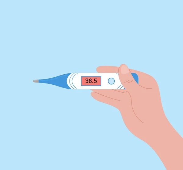 Hand Hält Thermometer Elektronisches Gerät Zeigt Hohe Körpertemperatur Die Person — Stockvektor