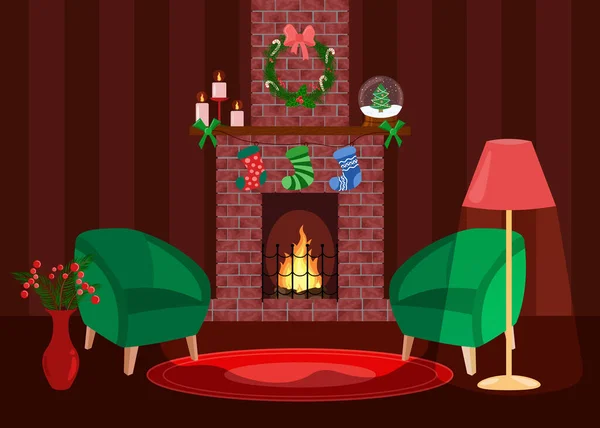 Heiligabend Hause Lampe Kerzen Kaminfeuer Werden Angezündet Winterurlaub Kaminfeuer Dunklen — Stockvektor