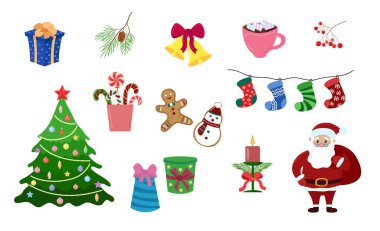 Noel unsurları ayarlandı. Beyaz arka planda tatil süslemeleri, ağaç ve Noel Baba izole edilmiş. Vektör daire koleksiyonu.