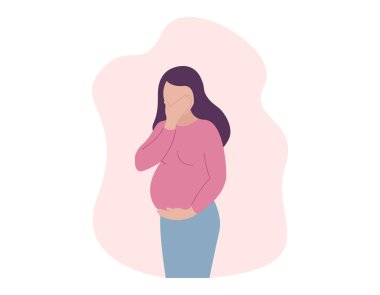 Pregnancy toxicosis. Pregnant woman suffering from nausea and vomiting. Morning sickness. Vector concept illustration. clipart