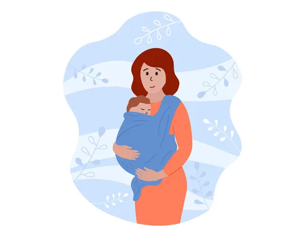 Porta Bebés Mãe Segurando Recém Nascido Funda Criança Envolta Babycarrier — Vetor de Stock