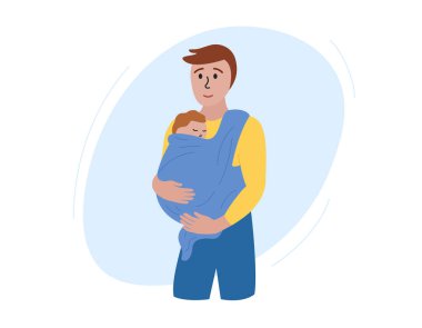 Bebek taşıyıcısı. Baba yeni doğmuş bebeği askıda tutuyor. Bebek arabasına sarılıp uyuyan mutlu bir adam ve çocuk. Vektör düz resimleme.