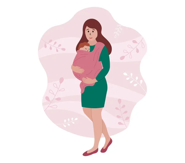 Baby Slaapt Een Draagdoek Moeder Met Pasgeborene Stof Babydrager Kind — Stockvector