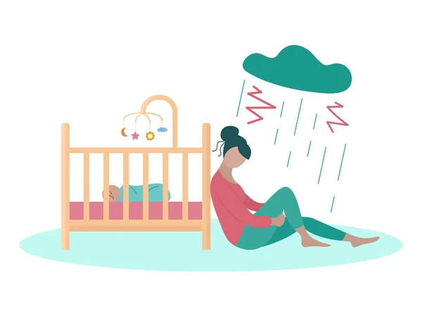 产后抑郁症 垂头丧气的母亲坐在婴儿床旁边 在乌云和雨中悲伤疲惫的女人 矢量平面插图 — 图库矢量图片