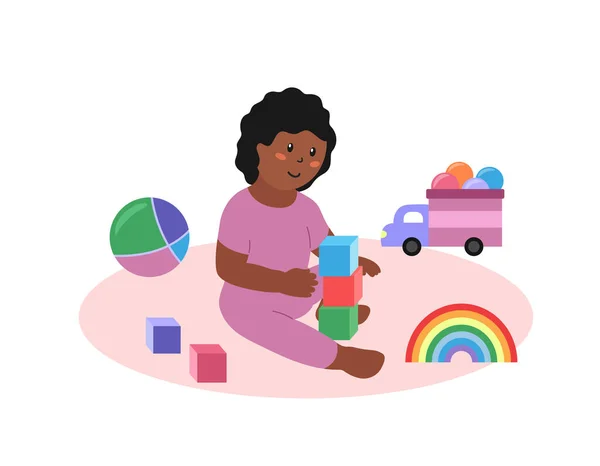 Маленька Дівчинка Сидить Грає Іграшки Ізольовано Веселого Афроамериканського Малюка Кубиками — стоковий вектор