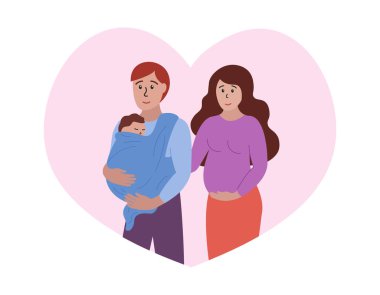 Mutlu bir aile. Küçük bebeği olan hamile bir kadın ve bir erkek. Evli çift, anne ve baba yeni bebek bekliyor. Vektör düz resimleme.